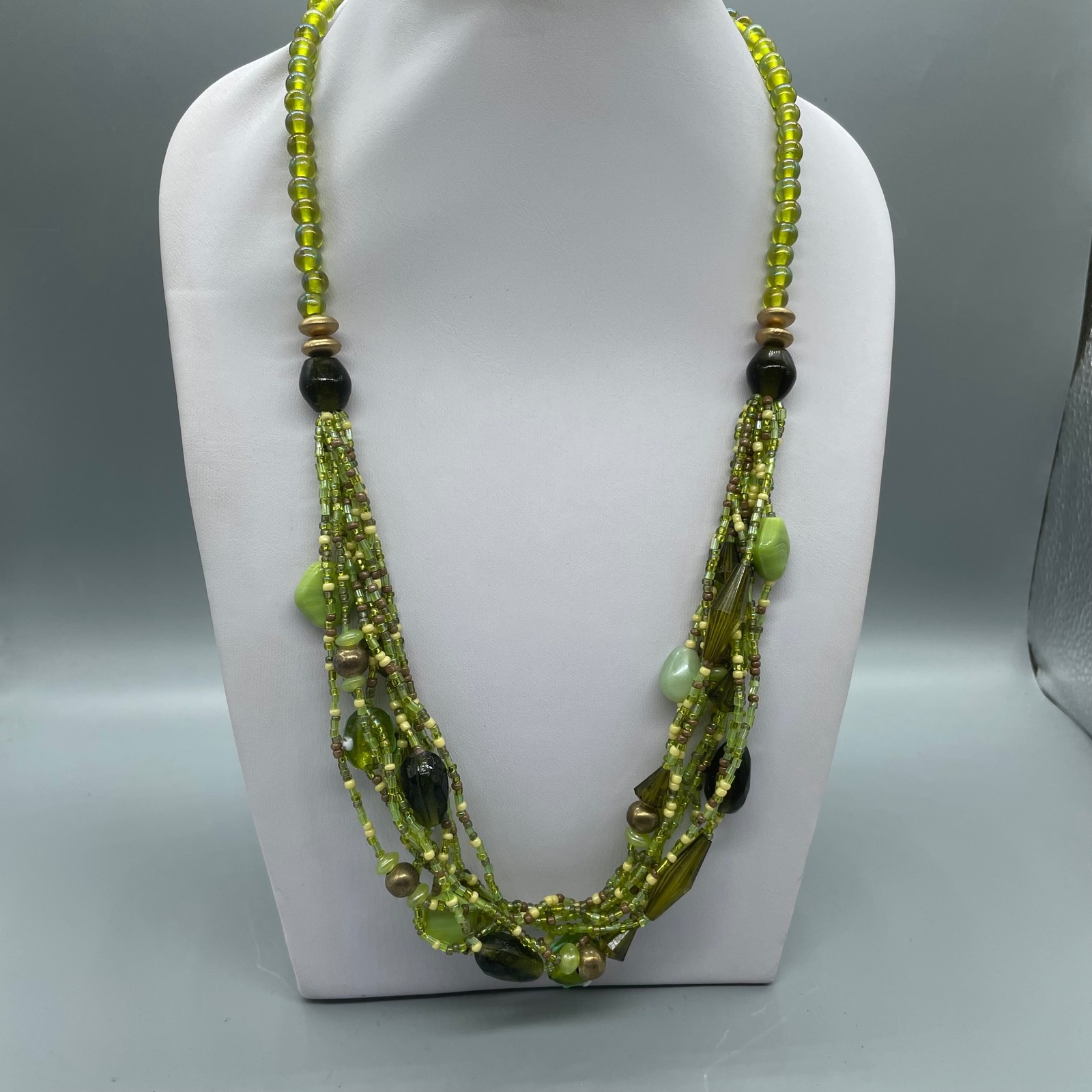 Green Multi Strand Beaded Statement Necklace Bronze Tone Adjustable Clasp